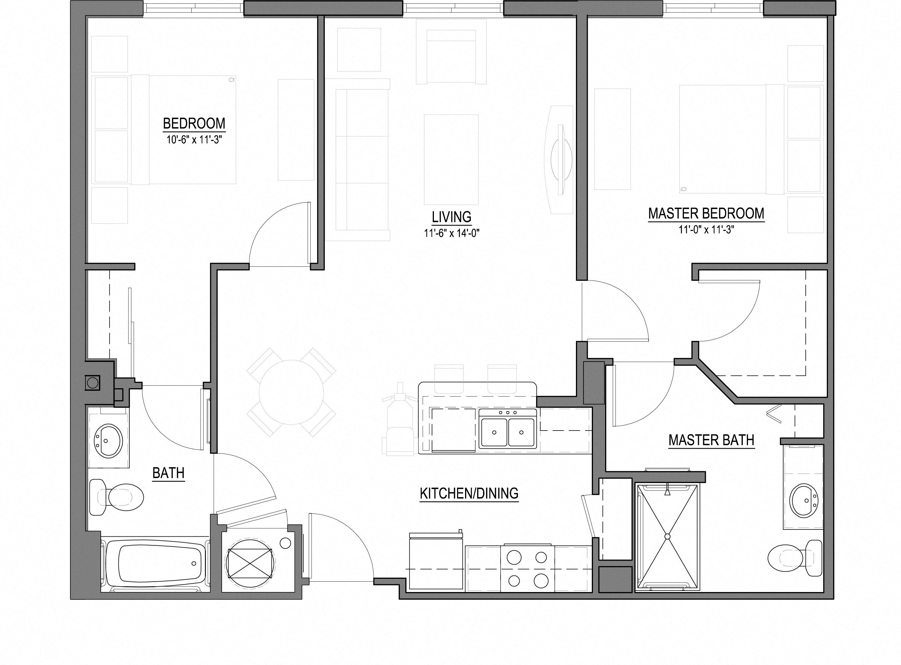 Floor plan for 2 beds, 2 baths, 984 sqft
